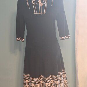 Xhilaration Juniors L Black White Geometric Knit Stretch Dress 3/4 Sleeve Flare